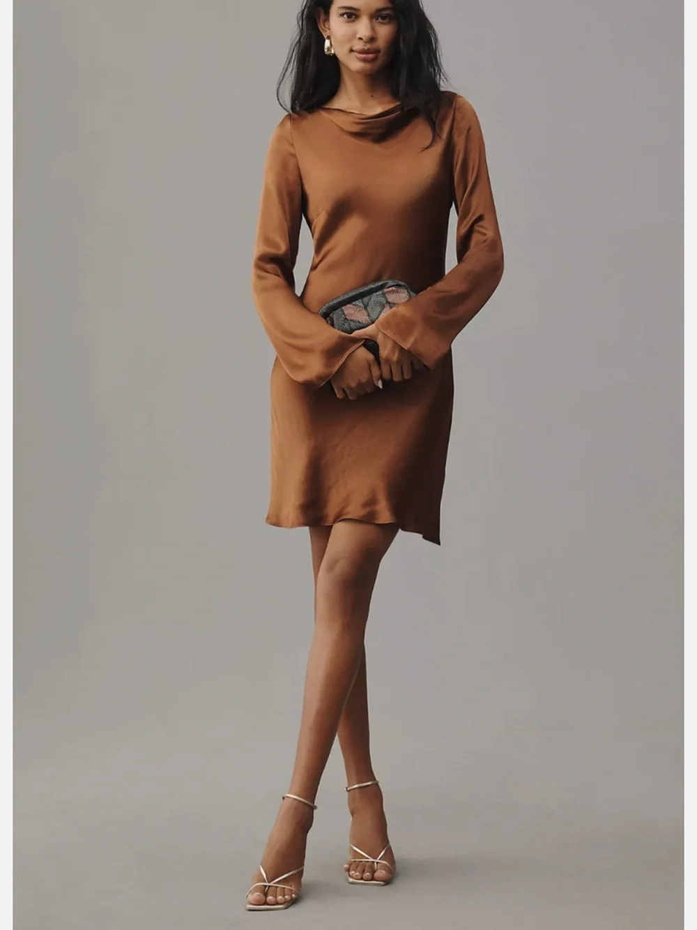 Anthropologie Bronze Satin Long-Sleeve Mini Dress